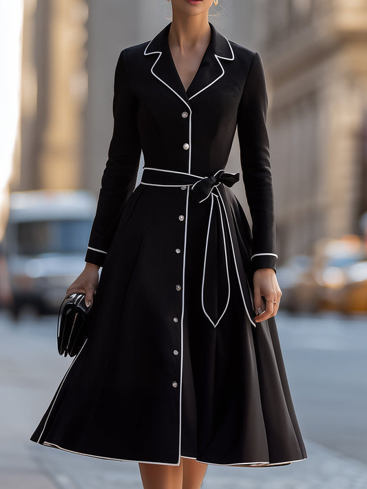 Elegant Black Contrast-Trim Midi Dress With Belt