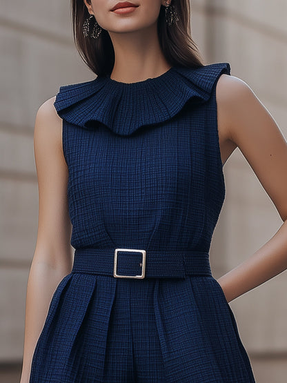 Navy Blue Sleeveless Ruffle Neck Belted Romper