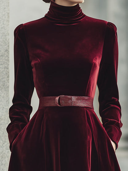 Burgundy Velvet Dress With A Belt