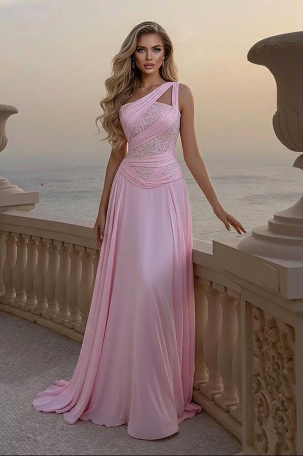 Beautiful Pink One Shoulder Chiffon Sleeveless Prom Dress A-Line Long With Pleats