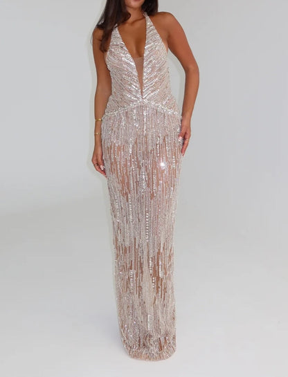 Halter Plunge Sequin Embellished Floor-Length Gown
