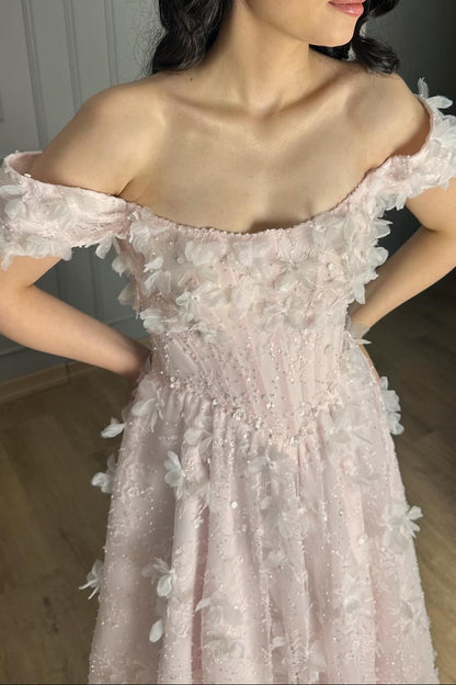 Elegant Pink Floral Prom Dress | Off Shoulder Floral Appliqué Evening Gown