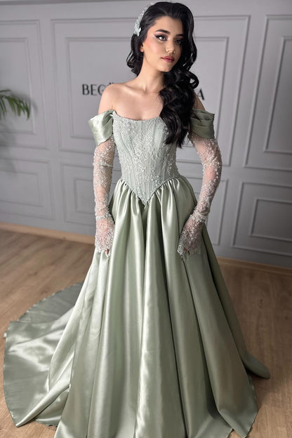 Blush Green Satin Ball Gown | Off-the-Shoulder Lace Appliqué Formal Dress