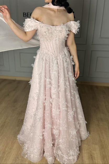 Elegant Pink Floral Prom Dress | Off Shoulder Floral Appliqué Evening Gown