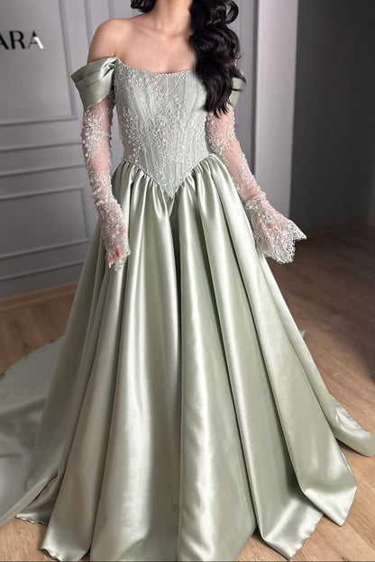 Blush Green Satin Ball Gown | Off-the-Shoulder Lace Appliqué Formal Dress