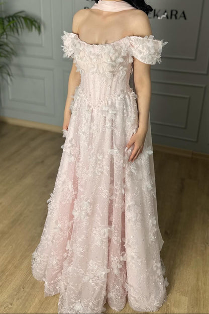 Elegant Pink Floral Prom Dress | Off Shoulder Floral Appliqué Evening Gown