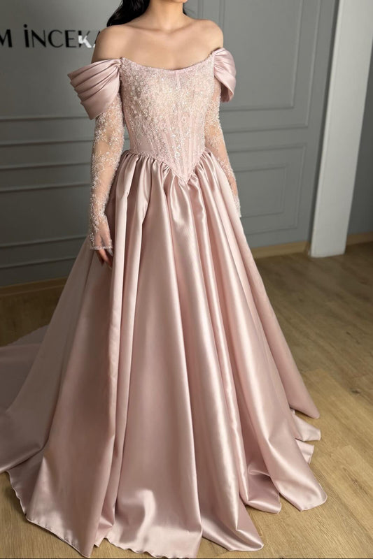 Blush Green Satin Ball Gown | Off-the-Shoulder Lace Appliqué Formal Dress