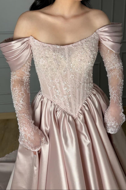 Blush Green Satin Ball Gown | Off-the-Shoulder Lace Appliqué Formal Dress