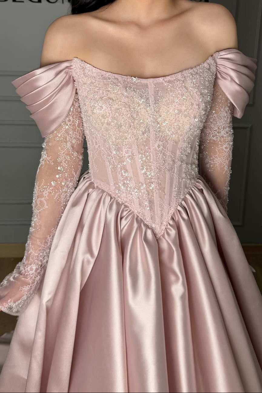 Blush Green Satin Ball Gown | Off-the-Shoulder Lace Appliqué Formal Dress