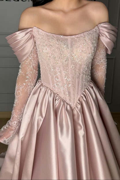 Blush Green Satin Ball Gown | Off-the-Shoulder Lace Appliqué Formal Dress