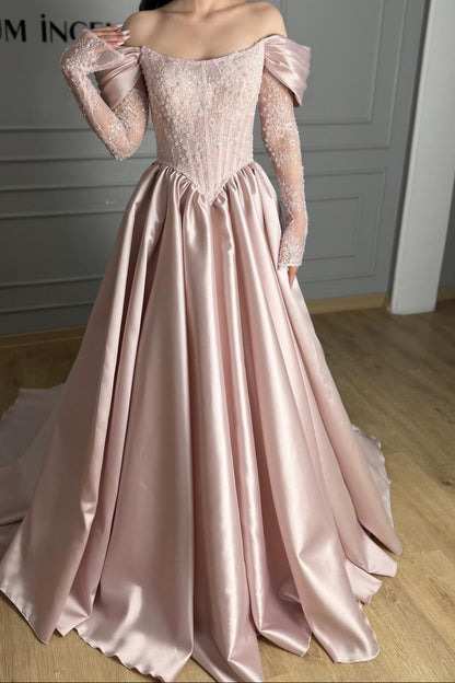 Blush Green Satin Ball Gown | Off-the-Shoulder Lace Appliqué Formal Dress