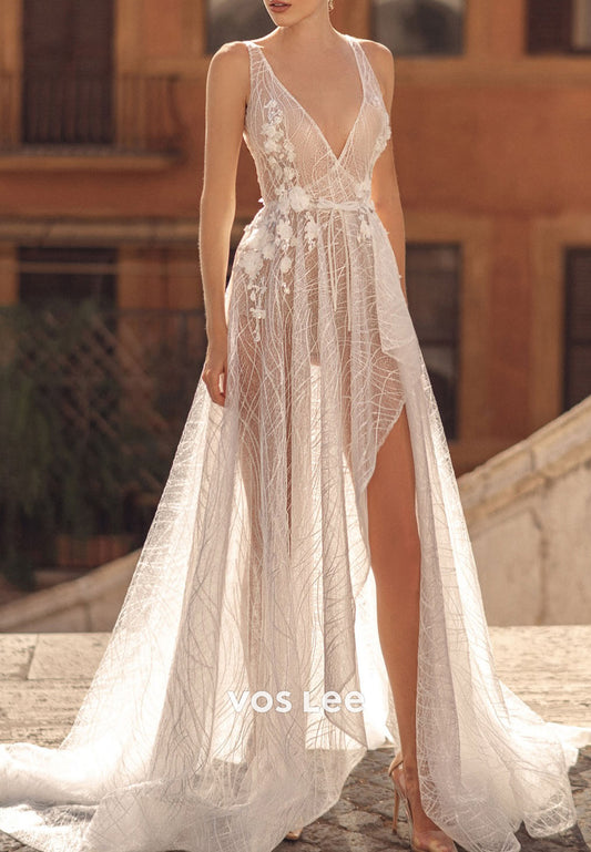Illusion & Sheer A-Line V Neck Appliqued Embellished Wedding Dresses with Sweep Train
