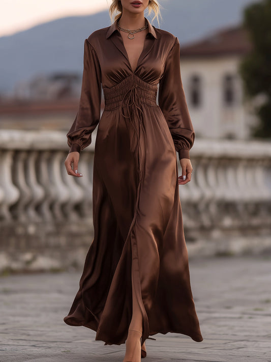 VOS LEE Satin Cinched Waist Maxi Dress In Mocha Brown
