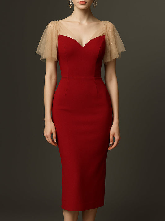 Red Midi Dress With Mesh Tulle Sleeves