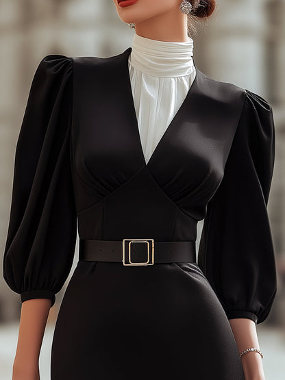 Faux Two-Piece Turtleneck Puff Sleeve Belted Pencil Dress