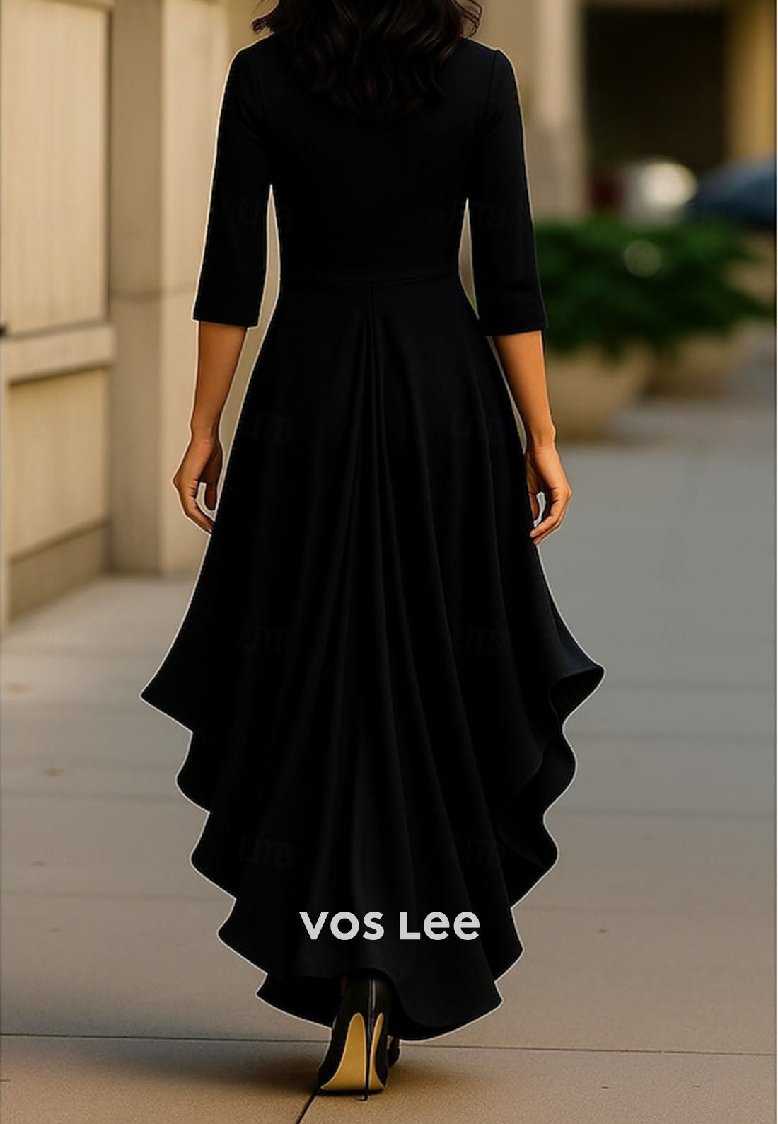 Black Half Sleeves V Neck Split Ruffles A Line Long Wedding Guest Dress
