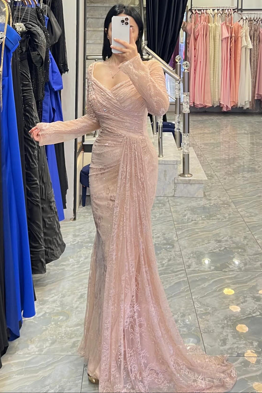Blush Pink Lace Mermaid Gown | Long Sleeve Sparkly Crystals Evening Dress
