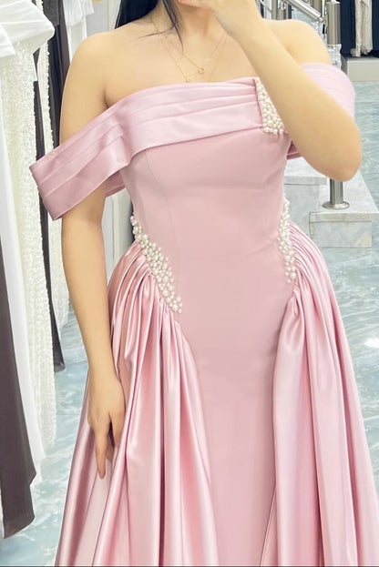 Navy Blue Off-the-Shoulder Satin Gown | Pearls Embellished Formal Dress