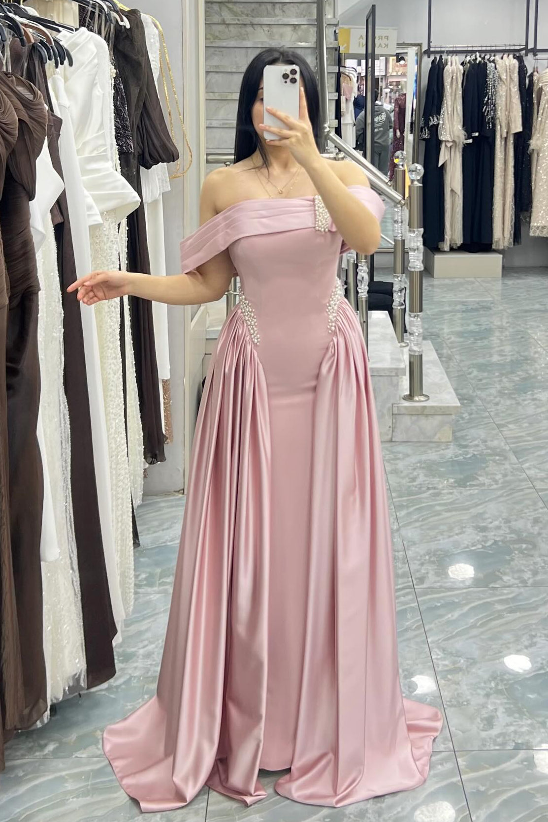 Navy Blue Off-the-Shoulder Satin Gown | Pearls Embellished Formal Dress