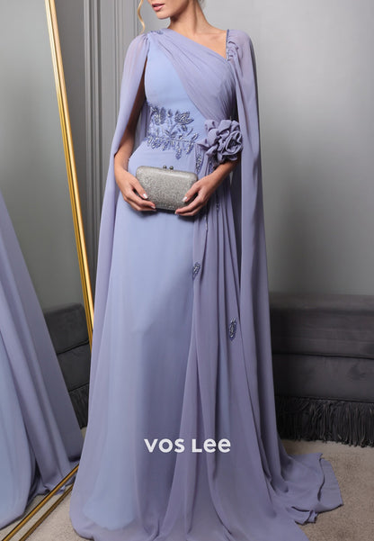 A-Line Asymmetrical Neck Flowers Beaded Embellished Evening Dresses with Sweep Train