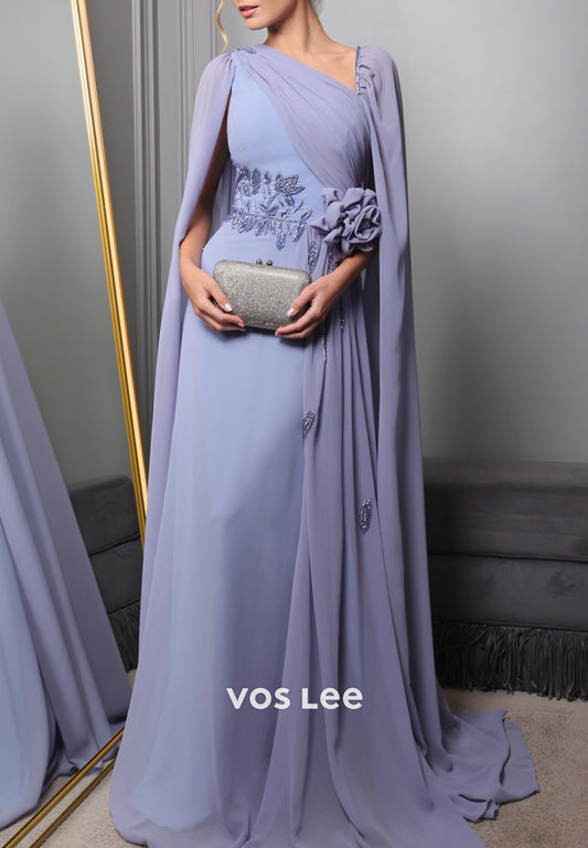 A-Line Asymmetrical Neck Flowers Beaded Embellished Evening Dresses with Sweep Train