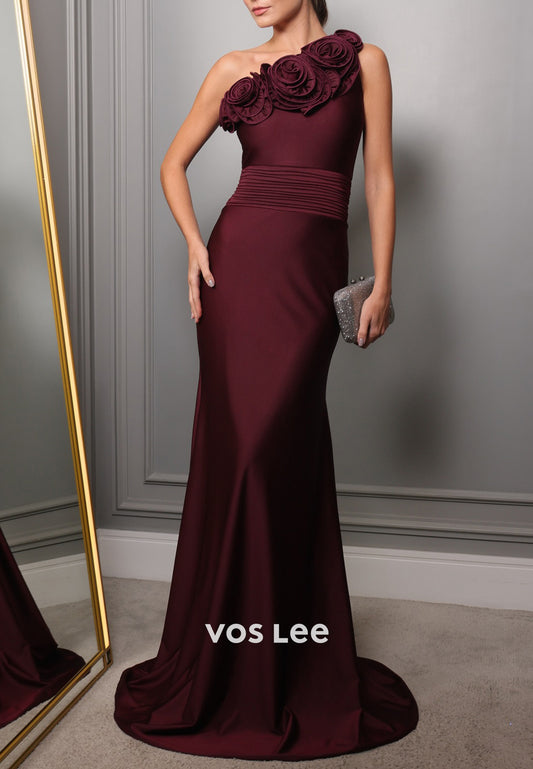 One Shoulder Floral Embellished Long Mermaid Evening Dresses with Sweep Train