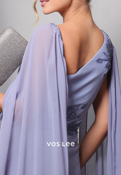 A-Line Asymmetrical Neck Flowers Beaded Embellished Evening Dresses with Sweep Train