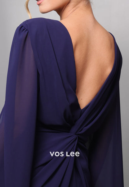Couture & Ornate Long Sleeve V Neck Pleated Sheath Evening Dresses with Sweep Train