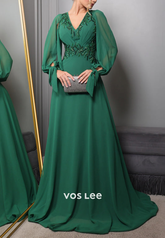 A-Line Long Sleeve V Neck Beaded Embellished Pleated Evening Dresses