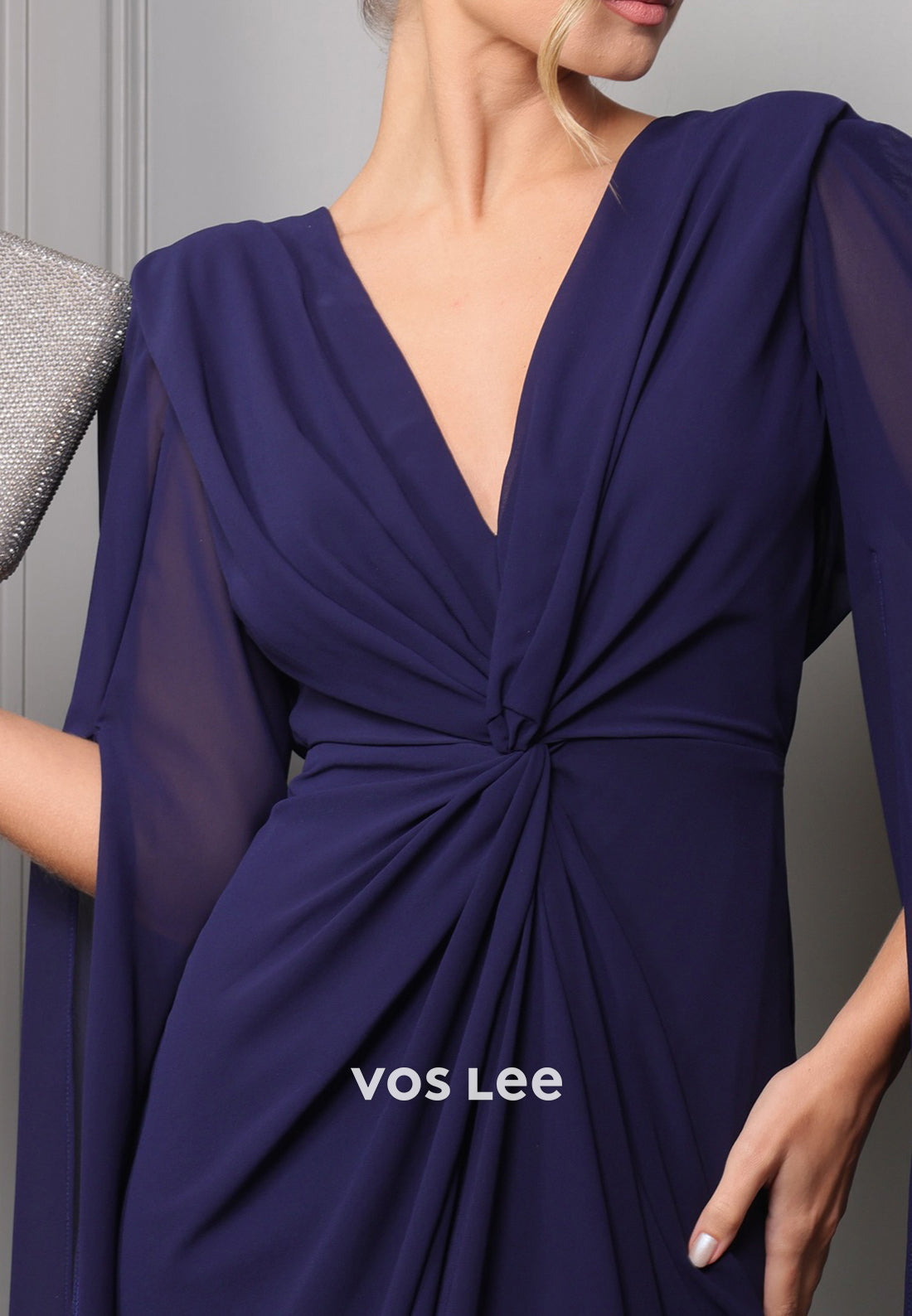 Couture & Ornate Long Sleeve V Neck Pleated Sheath Evening Dresses with Sweep Train