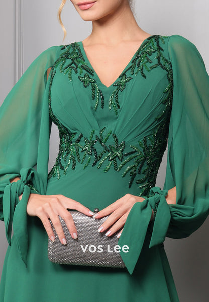 A-Line Long Sleeve V Neck Beaded Embellished Pleated Evening Dresses