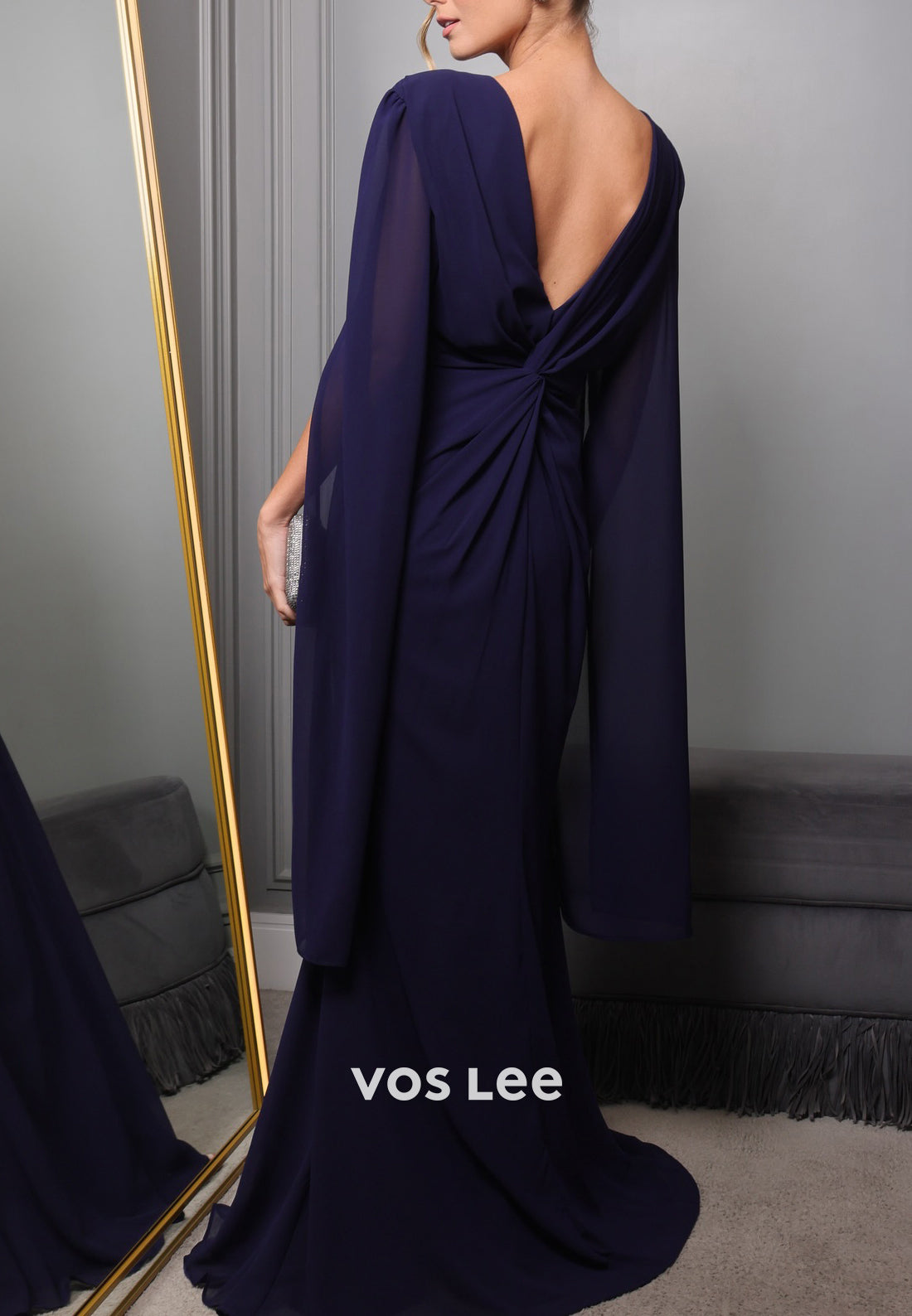 Couture & Ornate Long Sleeve V Neck Pleated Sheath Evening Dresses with Sweep Train