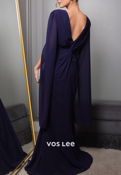 Couture & Ornate Long Sleeve V Neck Pleated Sheath Evening Dresses with Sweep Train