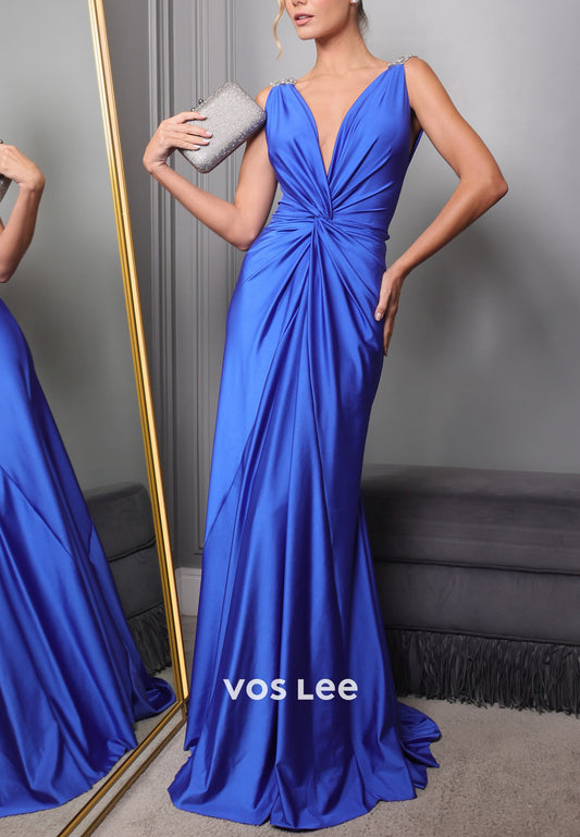 A-Line Regular Straps V Neck Rhinestone Pleated Floor-Length Long Evening Dresses