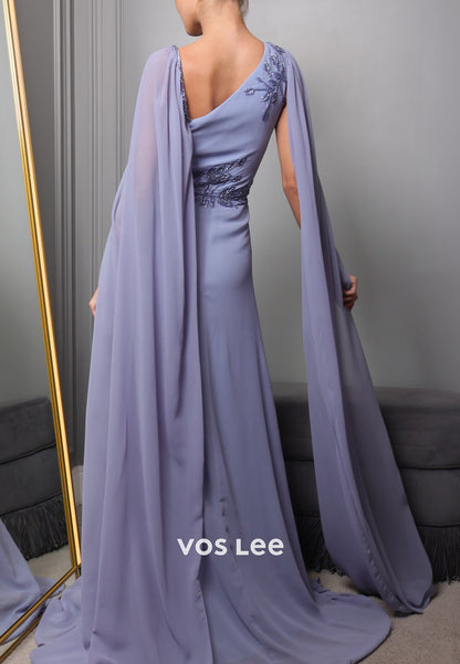 A-Line Asymmetrical Neck Flowers Beaded Embellished Evening Dresses with Sweep Train