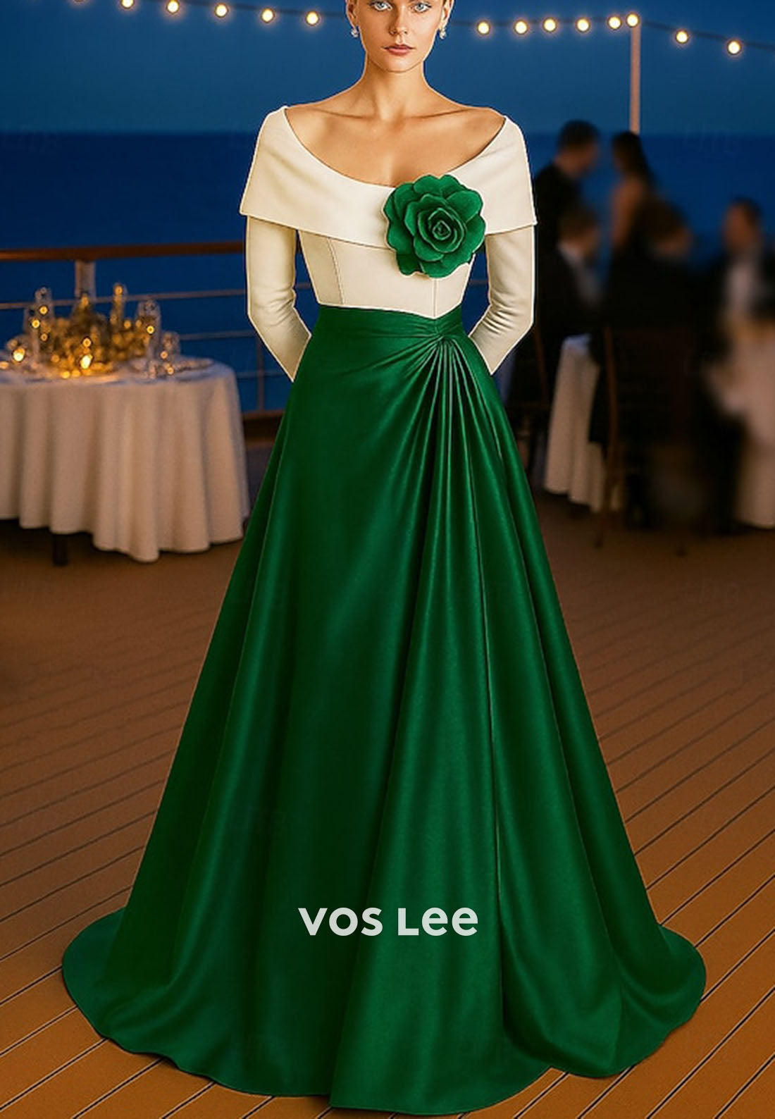 Elegant Long Sleeves A Line Satin Evening Dress WIth 3D Flower