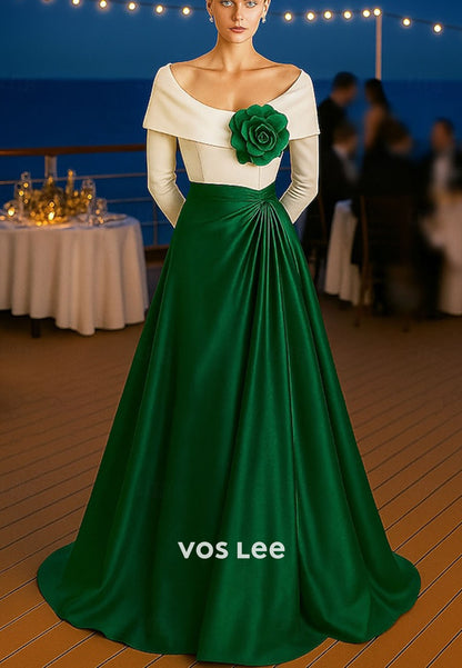 Elegant Long Sleeves A Line Satin Evening Dress WIth 3D Flower