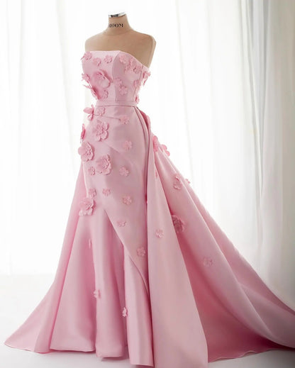 Elegant Pink 3D Flowers Evening Dress with Overskirt