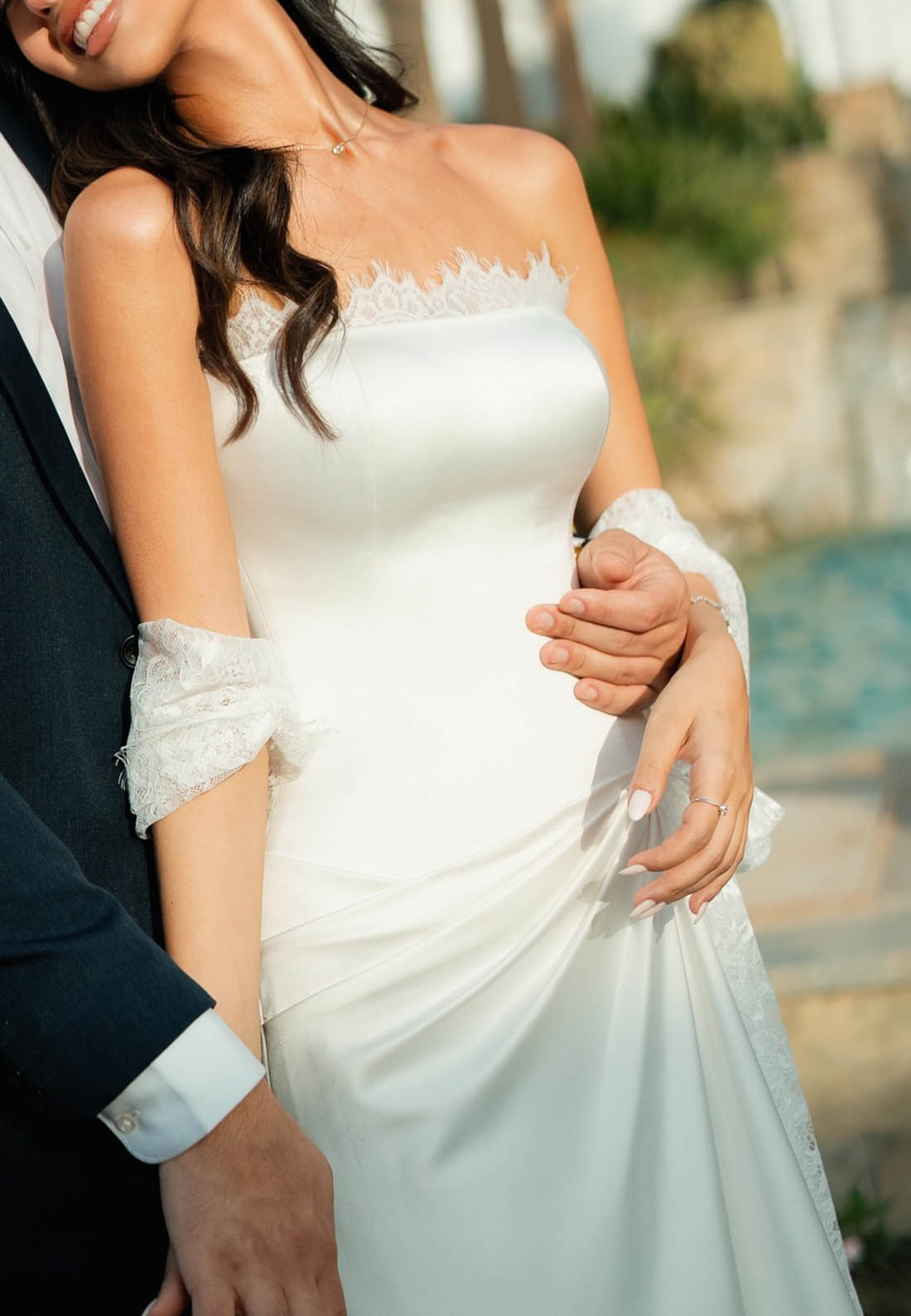 Sleeveless Strapless Ruched Satin Wedding Dress