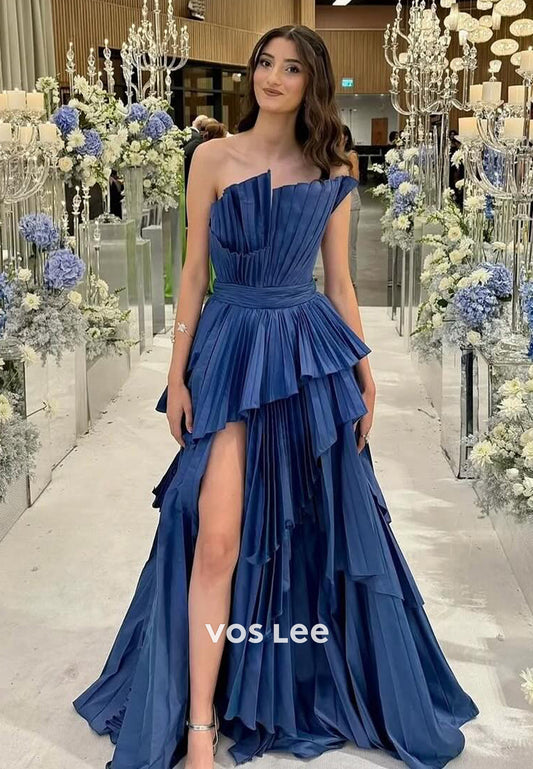 Chic Blue Asymmetrical Tired Ruffles Belt with Slit Evening Prom Dress Ball Gown