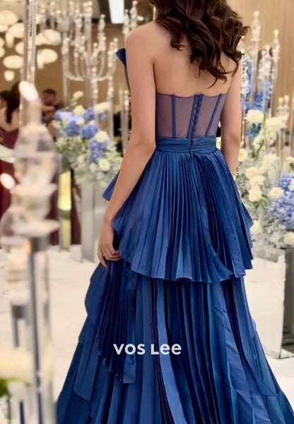 Chic Blue Asymmetrical Tired Ruffles Belt with Slit Evening Prom Dress Ball Gown
