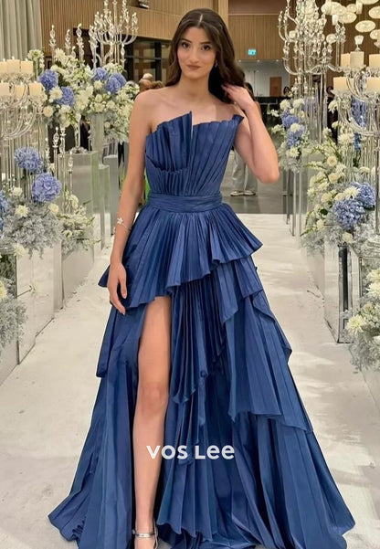 Chic Blue Asymmetrical Tired Ruffles Belt with Slit Evening Prom Dress Ball Gown