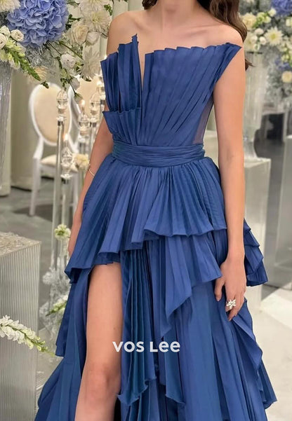 Chic Blue Asymmetrical Tired Ruffles Belt with Slit Evening Prom Dress Ball Gown