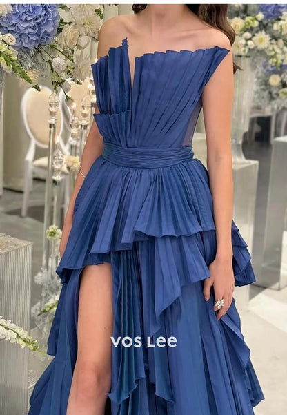 Chic Blue Asymmetrical Tired Ruffles Belt with Slit Evening Prom Dress Ball Gown