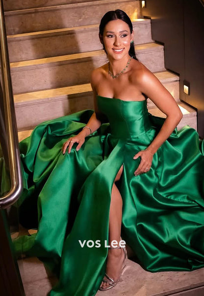 Solid Green Strapless with Slit A-Line Evening Dress Formal Party Wedding Guest Gown