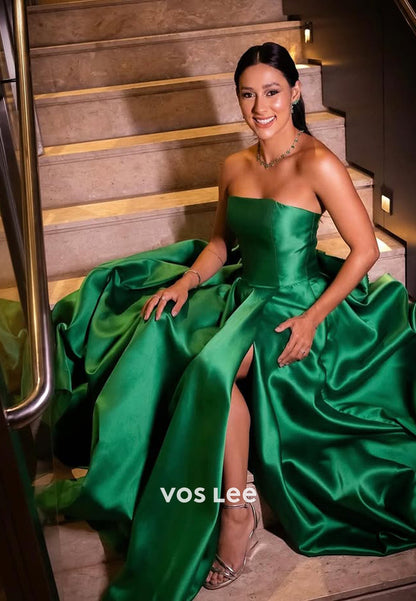 Solid Green Strapless with Slit A-Line Evening Dress Formal Party Wedding Guest Gown
