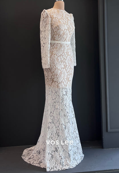 Illusion Cutout Long Sleeve Scoop Lace Mermaid Evening Dresses with Sweep Train