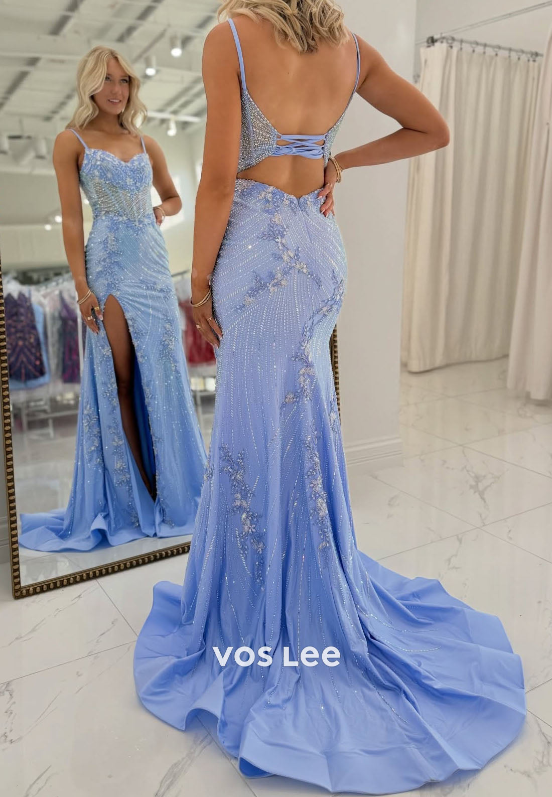 Spaghetti straps Sequins prom Dress With Split Lace up