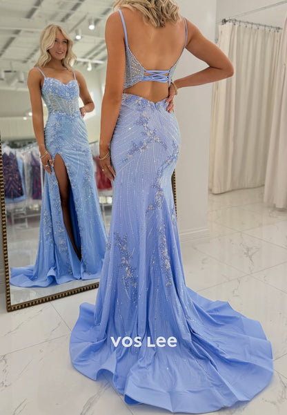 Spaghetti straps Sequins prom Dress With Split Lace up