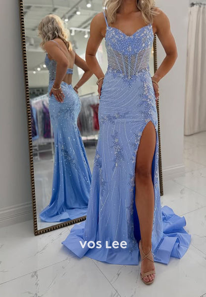 Spaghetti straps Sequins prom Dress With Split Lace up